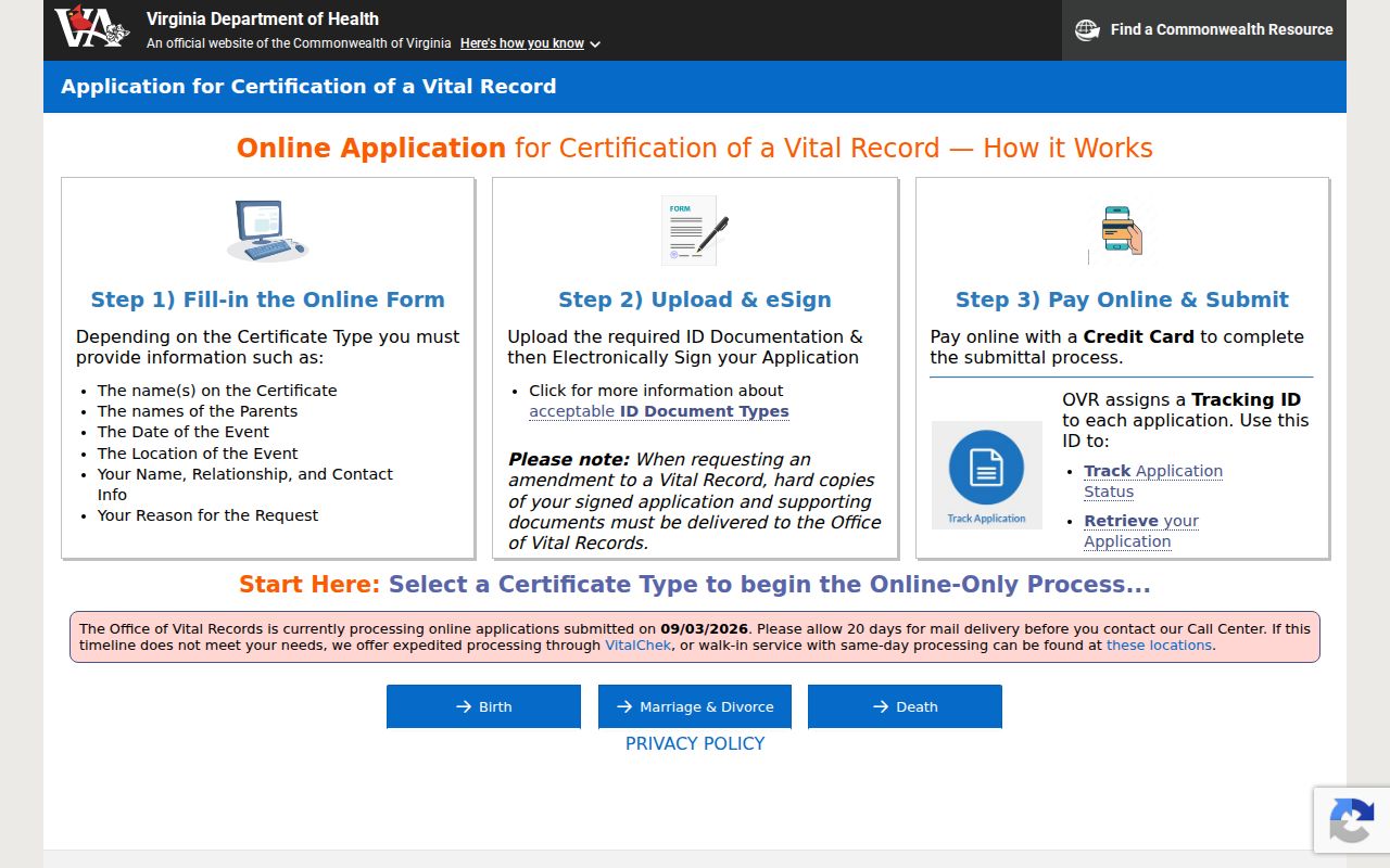 Salem resident lookup Virginia vital record application